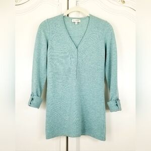 Kinross Heathered Teal Cashmere Roll Tab Sleeve Snap Henley Slim Fit Sweater XS